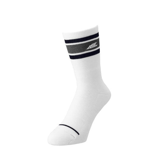 White sock with black and gray stripes on a white background